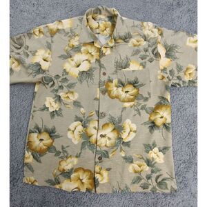 Tommy Bahama Shirt Men's M Green Floral 100% Silk Button Up Short Sleeve